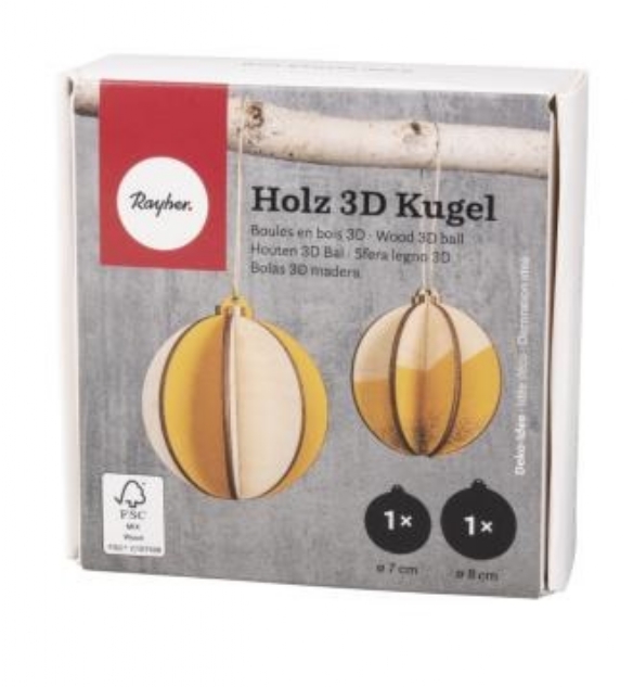 Houten 3D kerstbal met koord, 7 en 8 cm, 2 stuks, 8-delig kopen?