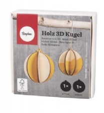 Houten 3D kerstbal met koord, 7 en 8 cm, 2 stuks, 8-delig